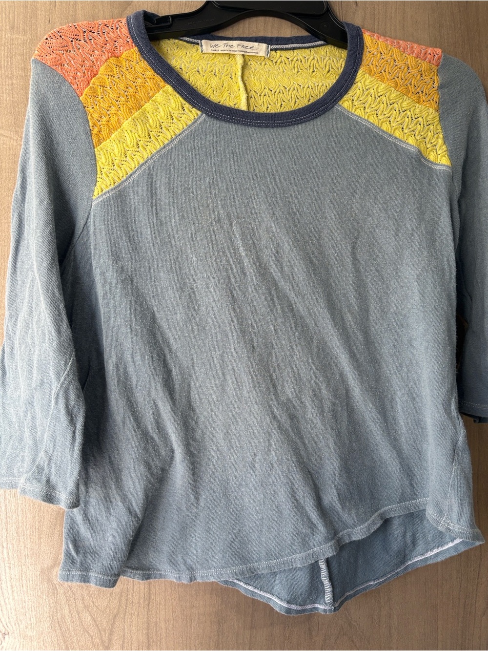 We The Free Light Blue Long Sleeve Top with Yellow & Orange Crochet Shoulders